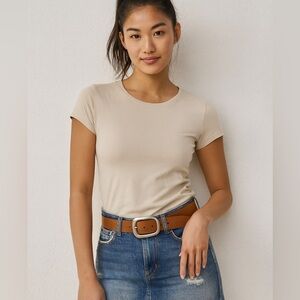 2$/$25 MNG Basics Women’s Beige Cotton Tee – Classic Slim Fit- NWOT